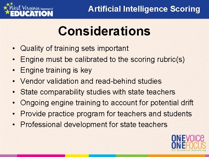 Artificial Intelligence Scoring Considerations • • Quality of training sets important Engine must be Artificial Intelligence Scoring Considerations • • Quality of training sets important Engine must be