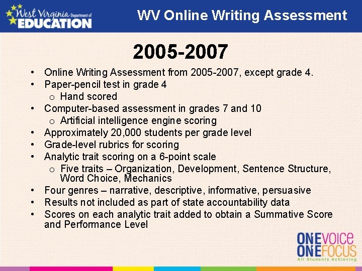WV Online Writing Assessment 2005 -2007 • Online Writing Assessment from 2005 -2007, except WV Online Writing Assessment 2005 -2007 • Online Writing Assessment from 2005 -2007, except