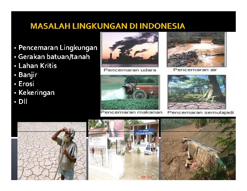  • • Pencemaran Lingkungan Gerakan batuan/tanah Lahan Kritis Banjir Erosi Kekeringan Dll 1