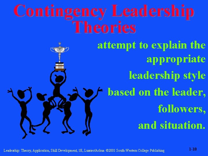 Contingency Leadership Theories attempt to explain the appropriate leadership style based on the leader,