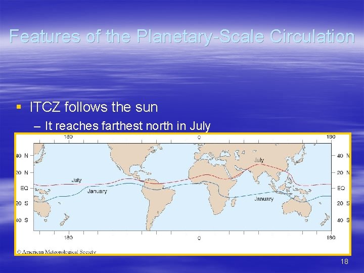 Features of the Planetary-Scale Circulation § ITCZ follows the sun – It reaches farthest