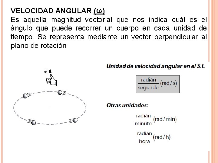 VELOCIDAD ANGULAR (ω) Es aquella magnitud vectorial que nos indica cuál es el ángulo