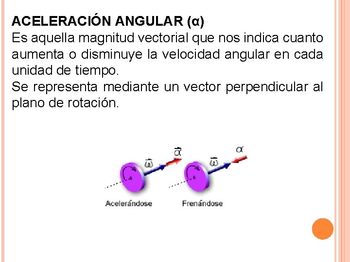 ACELERACIÓN ANGULAR (α) Es aquella magnitud vectorial que nos indica cuanto aumenta o disminuye