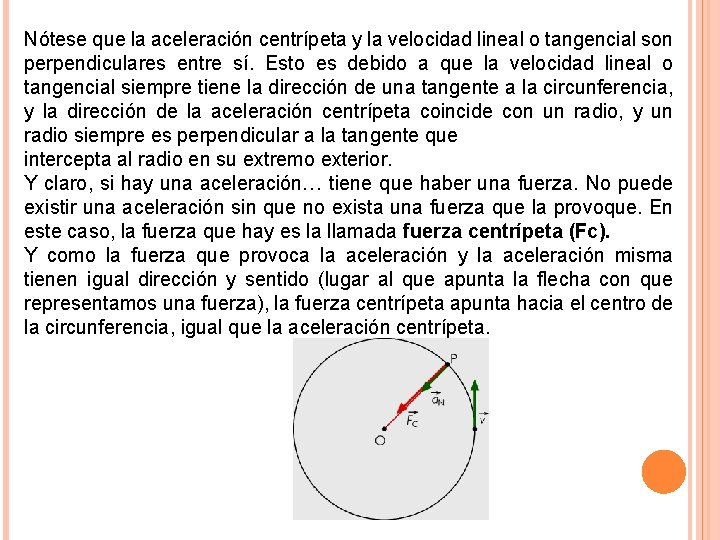 Nótese que la aceleración centrípeta y la velocidad lineal o tangencial son perpendiculares entre