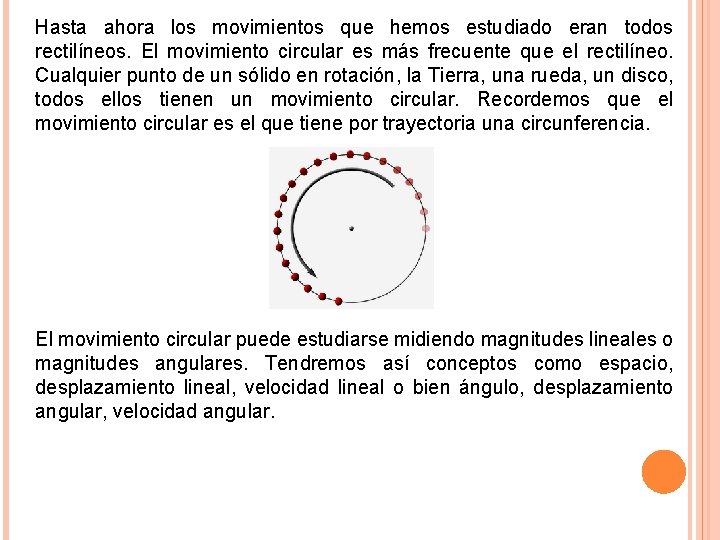 Hasta ahora los movimientos que hemos estudiado eran todos rectilíneos. El movimiento circular es