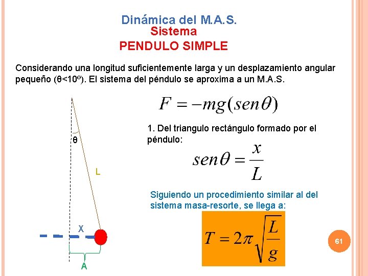 Dinámica del M. A. S. Sistema PENDULO SIMPLE Considerando una longitud suficientemente larga y