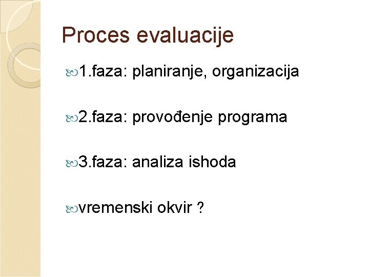 Proces evaluacije 1. faza: planiranje, organizacija 2. faza: provođenje programa 3. faza: analiza ishoda
