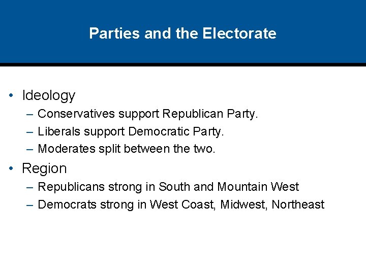 Parties and the Electorate • Ideology – Conservatives support Republican Party. – Liberals support