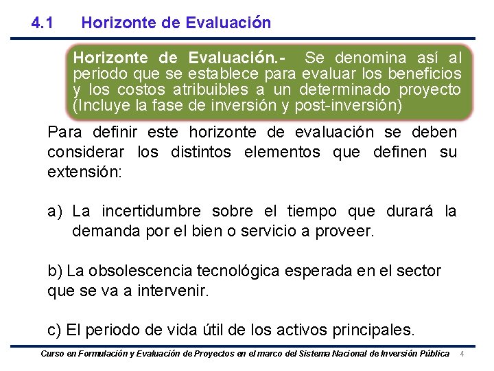 4. 1 Horizonte de Evaluación. - Se denomina así al periodo que se establece