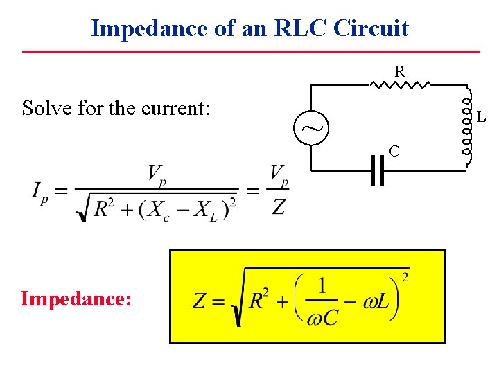 Impedance of an RLC Circuit R Solve for the current: Impedance: ~ L C