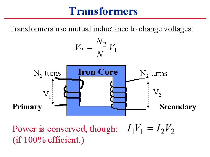 Transformers use mutual inductance to change voltages: N 1 turns Iron Core V 1