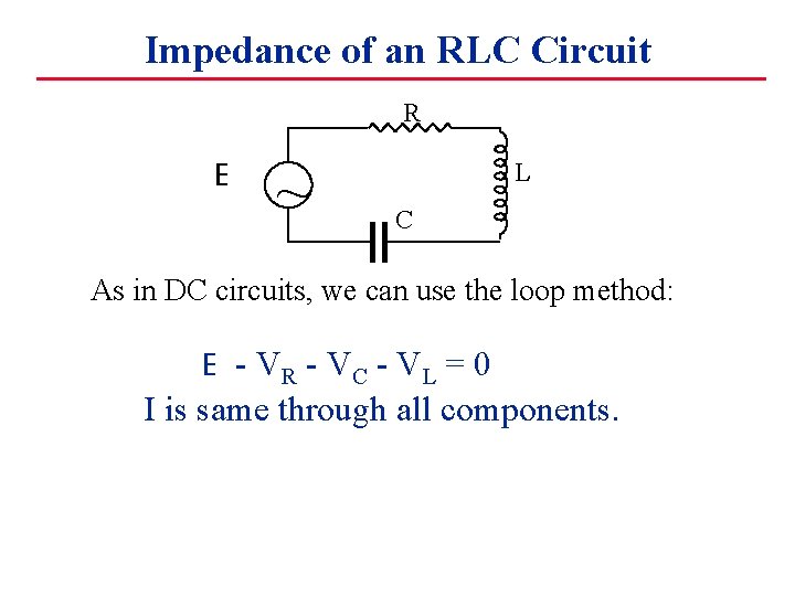 Impedance of an RLC Circuit R E ~ L C As in DC circuits,