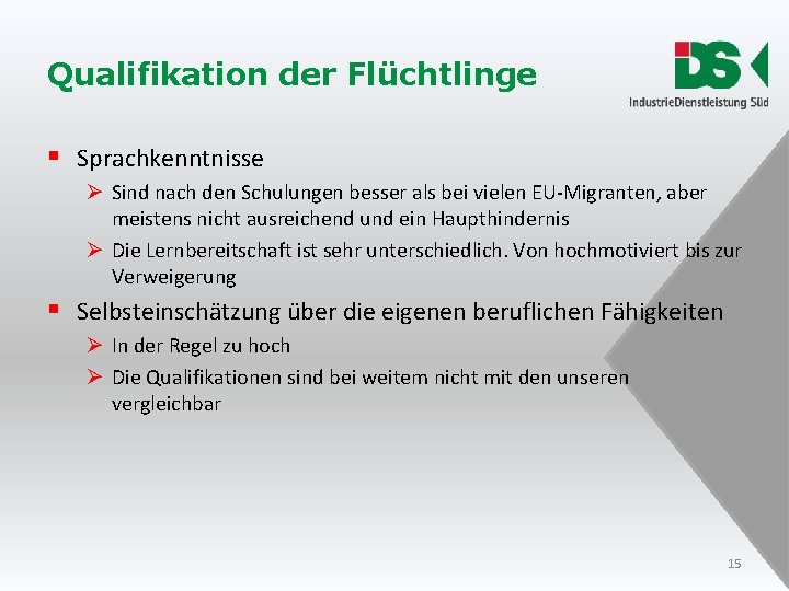 Qualifikation der Flüchtlinge § Sprachkenntnisse Ø Sind nach den Schulungen besser als bei vielen Qualifikation der Flüchtlinge § Sprachkenntnisse Ø Sind nach den Schulungen besser als bei vielen