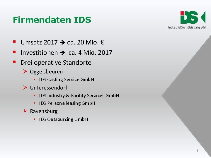 Firmendaten IDS § Umsatz 2017 ca. 20 Mio. € § Investitionen ca. 4 Mio. Firmendaten IDS § Umsatz 2017 ca. 20 Mio. € § Investitionen ca. 4 Mio.