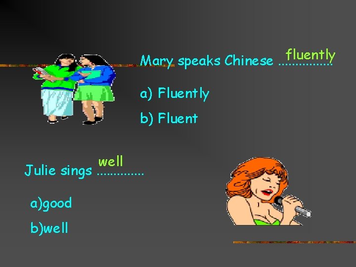 fluently Mary speaks Chinese. . . . a) Fluently b) Fluent well Julie sings.