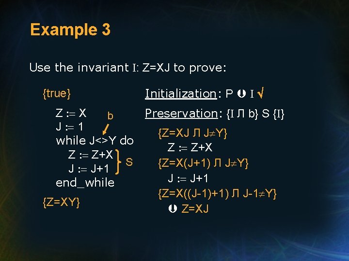 Example 3 Use the invariant I: Z=XJ to prove: {true} Initialization: P I Z