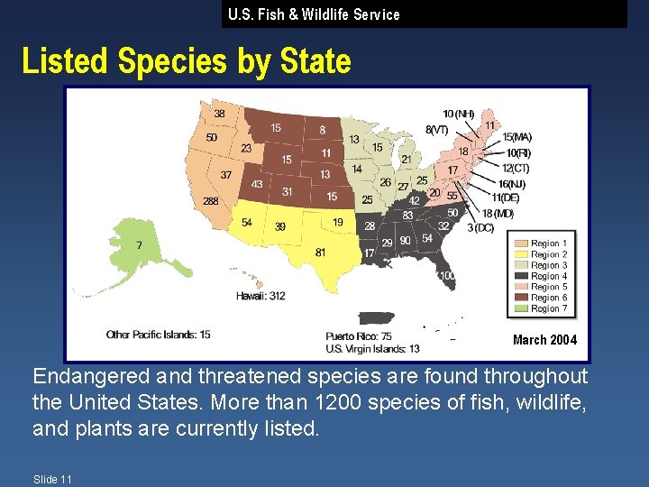 U. S. Fish & Wildlife Service Listed Species by State March 2004 Endangered and