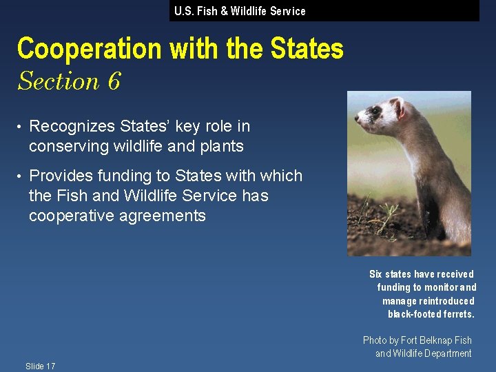 U. S. Fish & Wildlife Service Cooperation with the States Section 6 • Recognizes