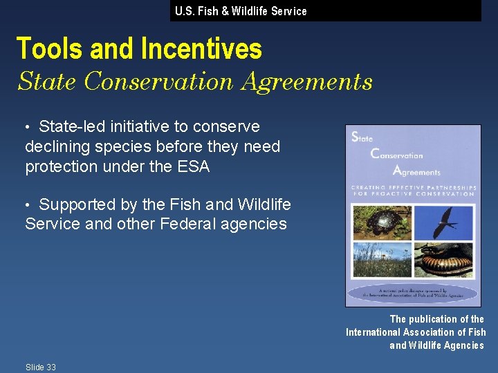 U. S. Fish & Wildlife Service Tools and Incentives State Conservation Agreements State-led initiative