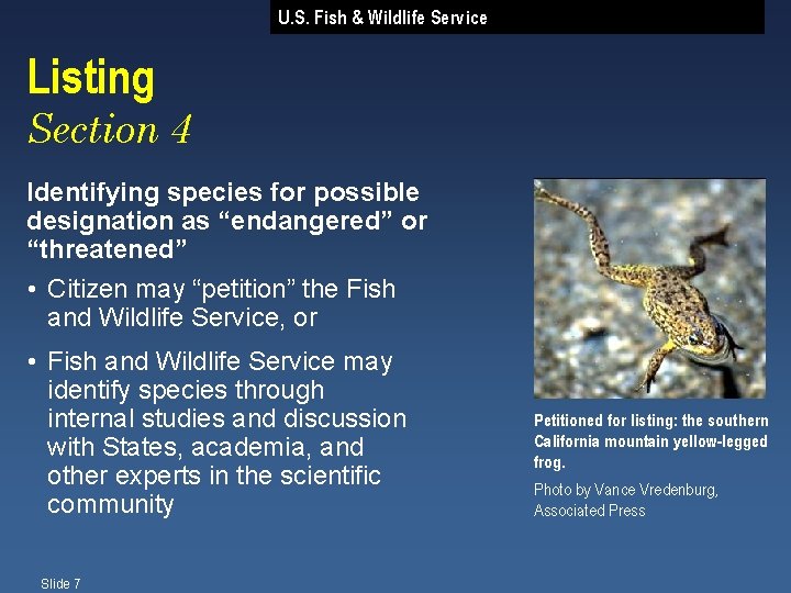 U. S. Fish & Wildlife Service Listing Section 4 Identifying species for possible designation