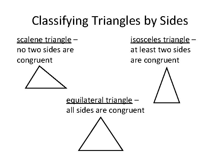 Classifying Triangles by Sides scalene triangle – no two sides are congruent isosceles triangle