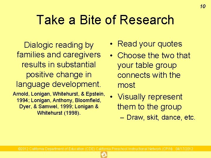 10 Take a Bite of Research • Read your quotes Dialogic reading by families