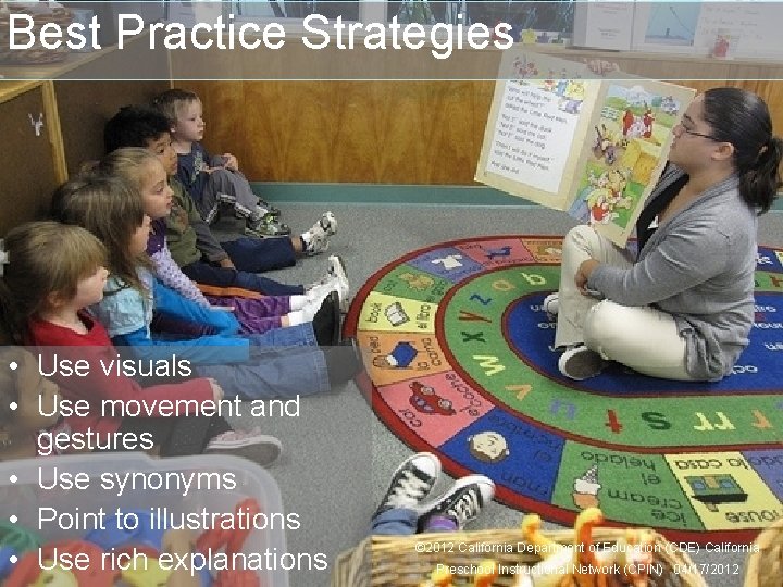Best Practice Strategies • Use visuals • Use movement and gestures • Use synonyms