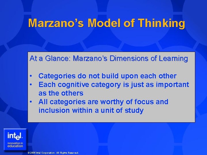 Marzano’s Model of Thinking At a Glance: Marzano’s Dimensions of Learning • Categories do