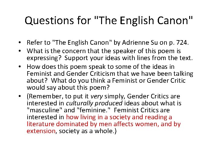 Questions for "The English Canon" • Refer to "The English Canon" by Adrienne Su