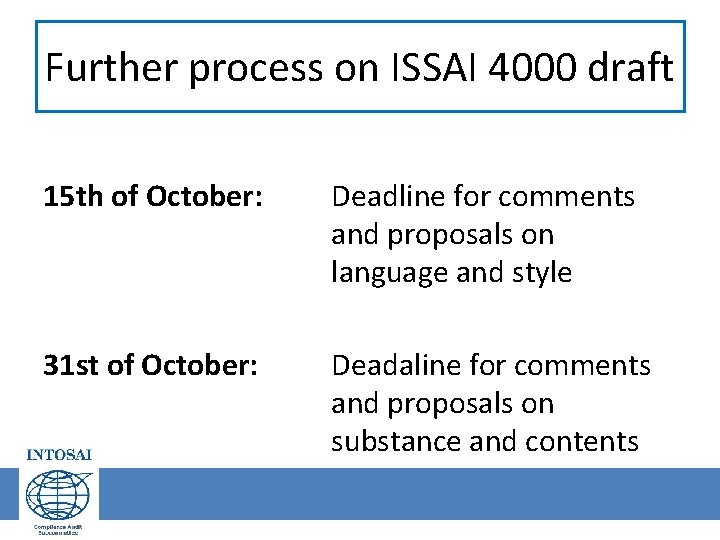 Further process on ISSAI 4000 draft 15 th of October: Deadline for comments and