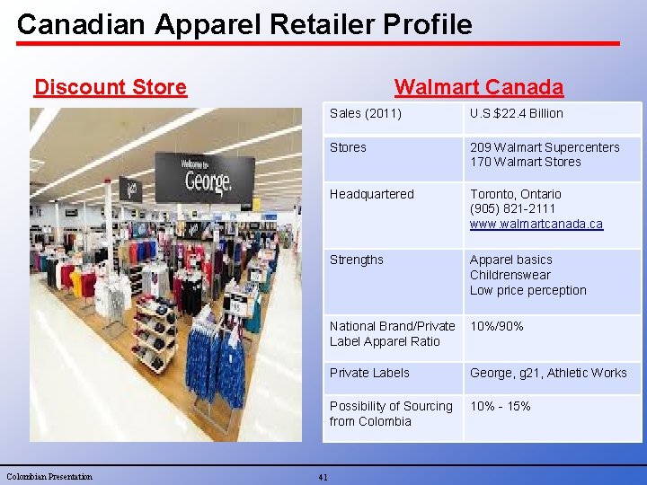 Canadian Apparel Retailer Profile Discount Store Colombian Presentation Walmart Canada 41 Sales (2011) U.