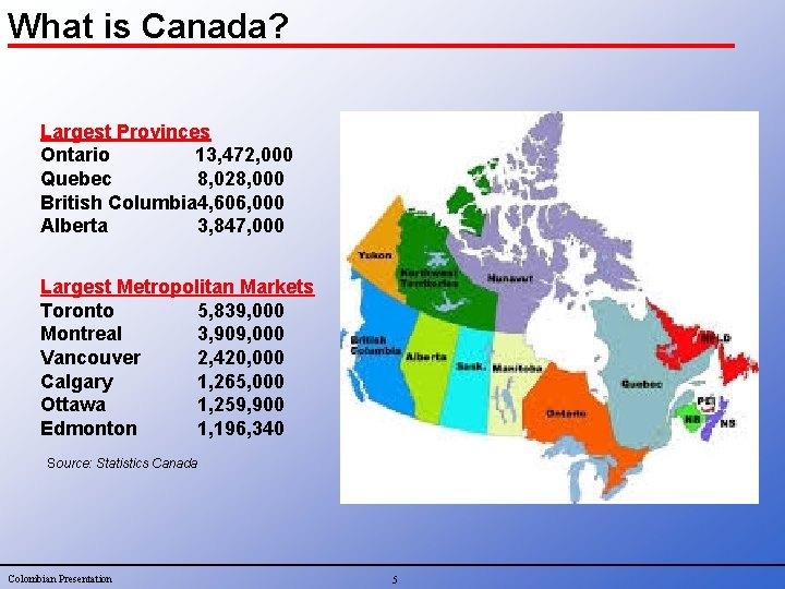 What is Canada? Largest Provinces Ontario 13, 472, 000 Quebec 8, 028, 000 British