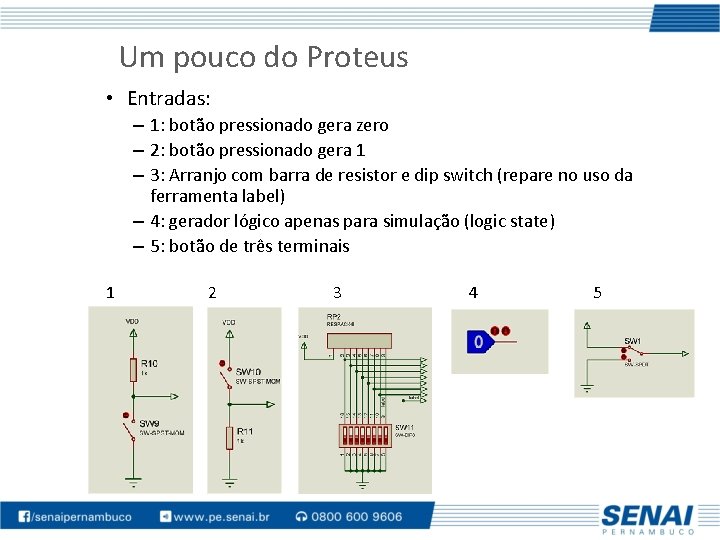 Um pouco do Proteus • Entradas: – 1: botão pressionado gera zero – 2: