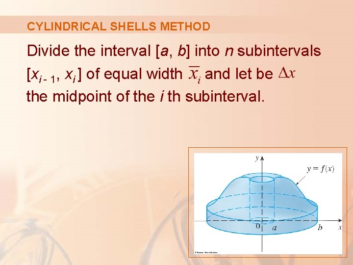 CYLINDRICAL SHELLS METHOD Divide the interval [a, b] into n subintervals [xi - 1,