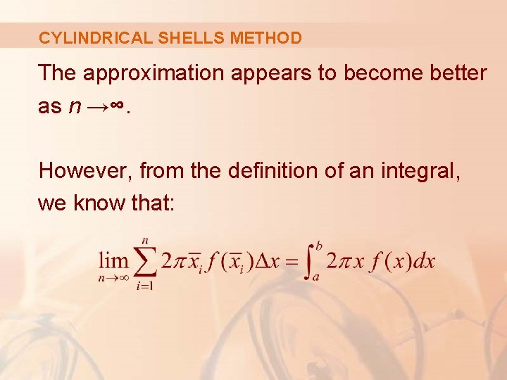 CYLINDRICAL SHELLS METHOD The approximation appears to become better as n →∞. However, from