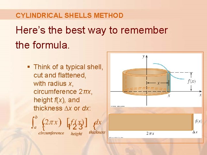 CYLINDRICAL SHELLS METHOD Here’s the best way to remember the formula. § Think of