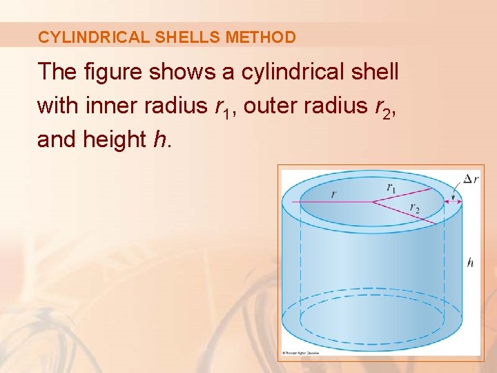 CYLINDRICAL SHELLS METHOD The figure shows a cylindrical shell with inner radius r 1,