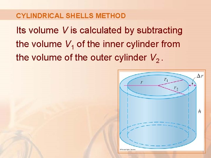 CYLINDRICAL SHELLS METHOD Its volume V is calculated by subtracting the volume V 1