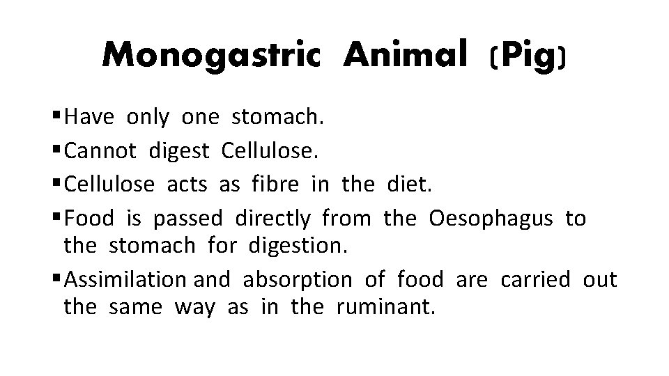 Monogastric Animal (Pig) § Have only one stomach. § Cannot digest Cellulose. § Cellulose