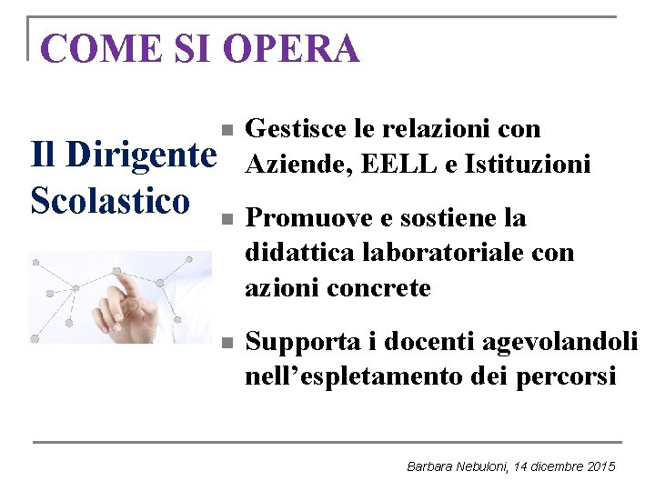 COME SI OPERA n Gestisce le relazioni con Aziende, EELL e Istituzioni Il Dirigente COME SI OPERA n Gestisce le relazioni con Aziende, EELL e Istituzioni Il Dirigente