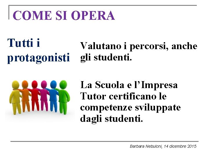 COME SI OPERA Tutti i Valutano i percorsi, anche protagonisti gli studenti. La Scuola COME SI OPERA Tutti i Valutano i percorsi, anche protagonisti gli studenti. La Scuola