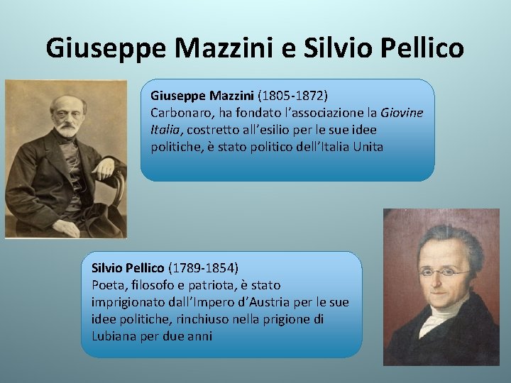 Giuseppe Mazzini e Silvio Pellico Giuseppe Mazzini (1805 -1872) Carbonaro, ha fondato l’associazione la