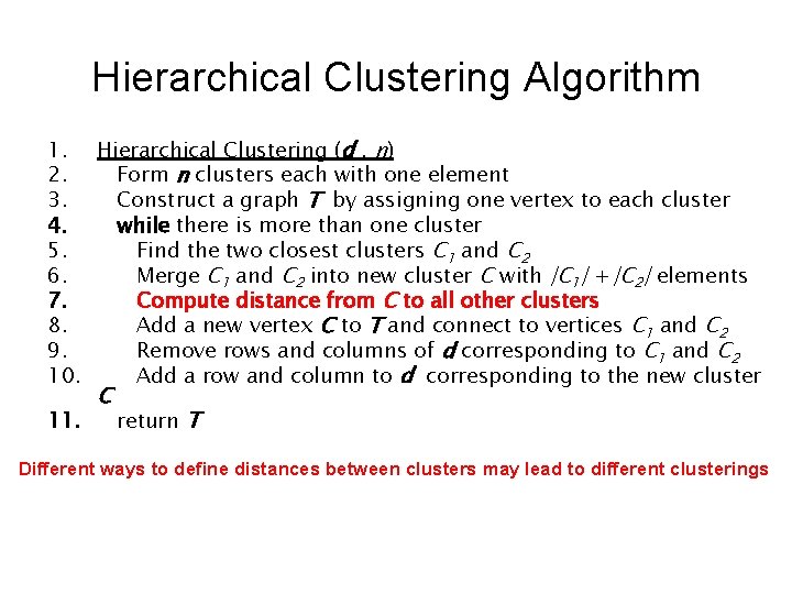 Hierarchical Clustering Algorithm 1. Hierarchical Clustering (d , n) 2. Form n clusters each