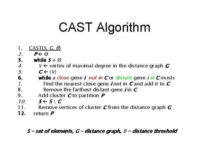 CAST Algorithm CAST(S, G, θ) 2. P Ø 3. while S ≠ Ø 4.