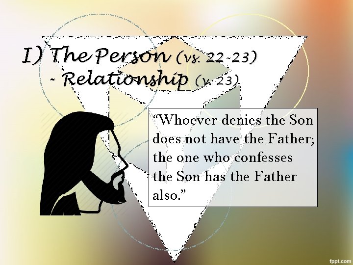 I) The Person (vs. 22 -23) - Relationship (v. 23) “Whoever denies the Son