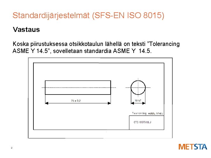 Standardijärjestelmät (SFS-EN ISO 8015) Vastaus Koska piirustuksessa otsikkotaulun lähellä on teksti ”Tolerancing ASME Y