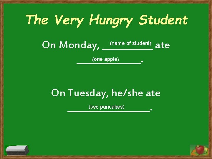 The Very Hungry Student (name of student) On Monday, ______ ate (one apple) _______.