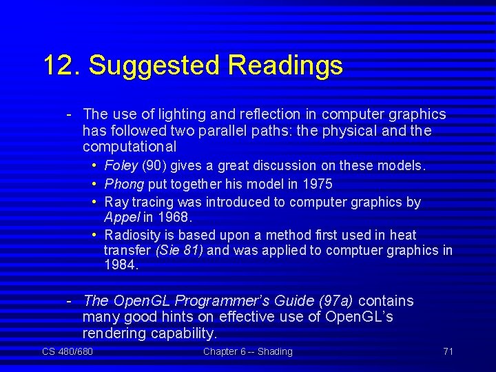 12. Suggested Readings - The use of lighting and reflection in computer graphics has