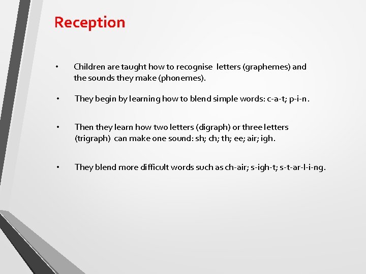 Reception • Children are taught how to recognise letters (graphemes) and the sounds they