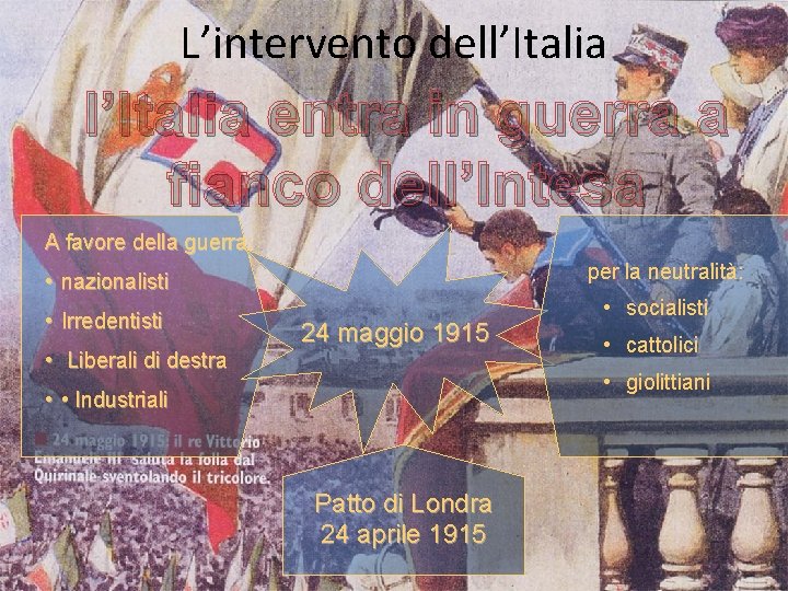 L’intervento dell’Italia entra in guerra a fianco dell’Intesa A favore della guerra: per la